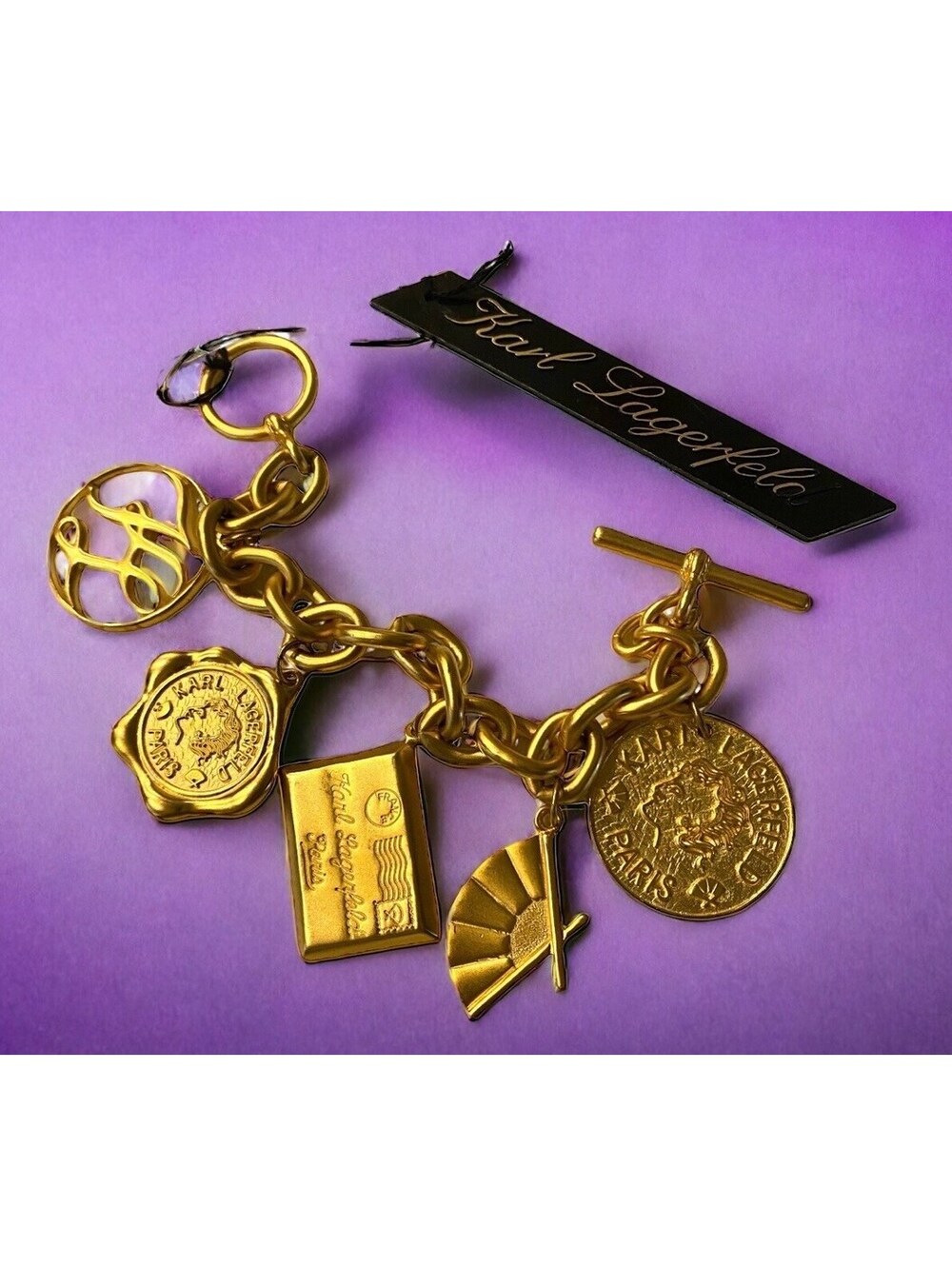 Karl Lagerfeld Baroque Brushed Gold Plated Coin Charm Bracelet ORIGINAL Hang Tag